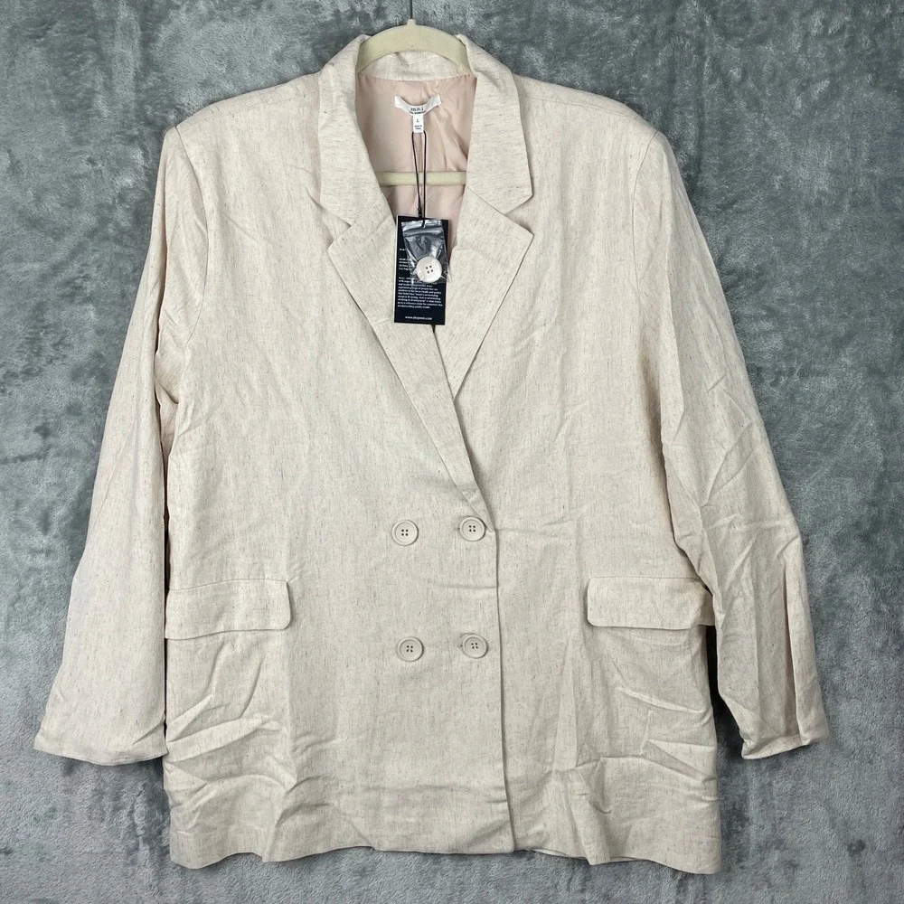 MNI LOS ANGELES Oversized Double Breasted Blazer‎ Women Large Beige Linen New